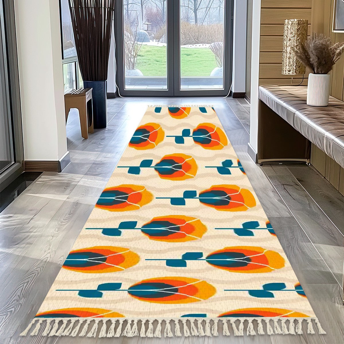 Mid Century Modern Floral Scandinavain Flower Orange Blue Rug Runner