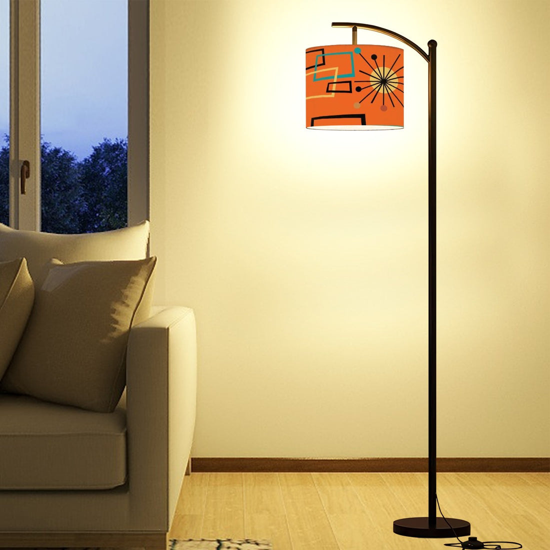 Mid Century Modern Sinatra Orange, Starburst, Geometric Funky Fun Arc Floor Lamp - Mid Century Modern Gal
