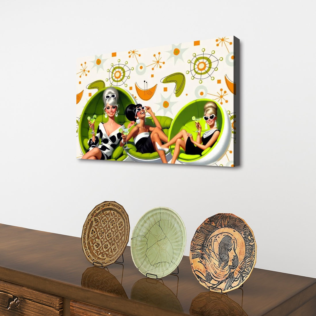 Mid Mod 60s Martini Cocktail Gals, Fun Atomic Mid Century Modern Wall Art - Mid Century Modern Gal