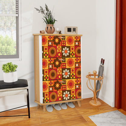 Retro 70s Mod Floral Orange Brown Yellow Mid Mod Hip Mudroom Storage Solution Shoe Cabinet - Mid Century Modern Gal