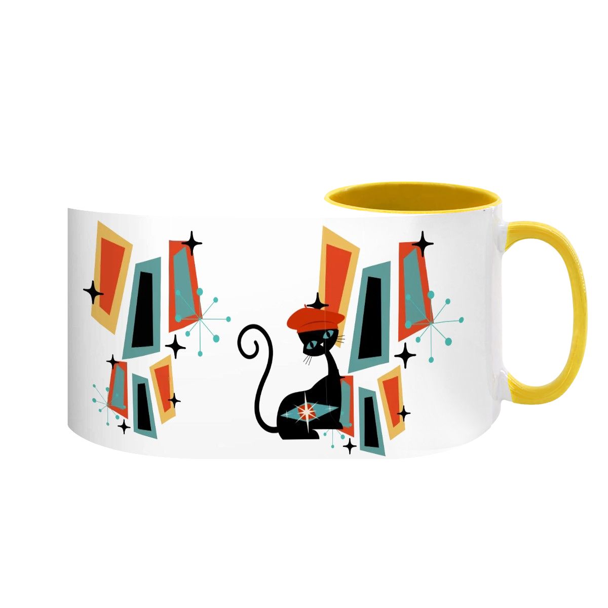 Mid Century Modern coffee mug featuring an atomic cat design with geometric shapes in teal, orange, and black.