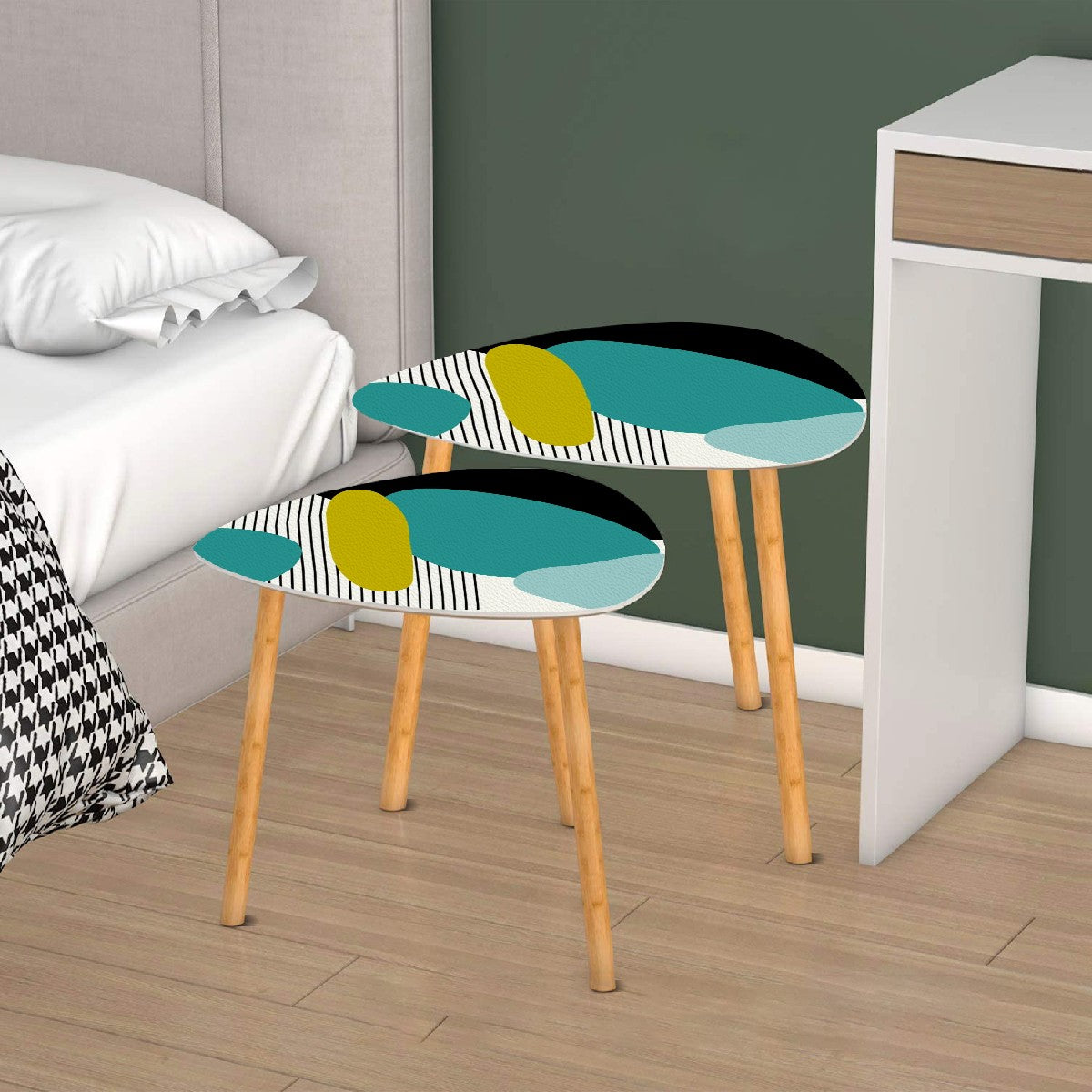 Mid Century Modern Geometric Teal, Green Black Aqua Mod Retro Nesting Tables - Mid Century Modern Gal