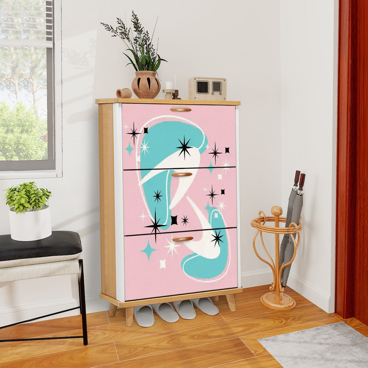 Atomic Starbursts And Boomerangs, Pink Aqua, White Mid Century Modern Shoe Cabinet - Mid Century Modern Gal