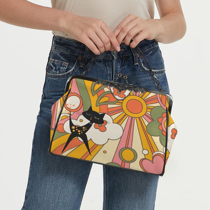 Retro Groovy 70s Sunshine Mid Mod Hippie Vibes and Atomic Cat Kisslock Crossbody Purse - Mid Century Modern Gal