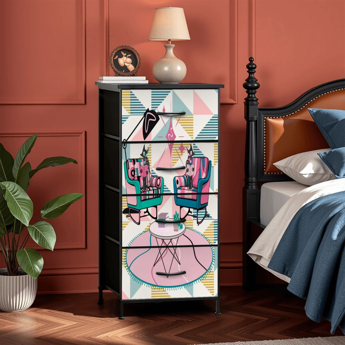 Atomic Reading Cats Kitschy Mod Retro Pink Quirky MCM 4-Drawer Dresser - Mid Century Modern Gal