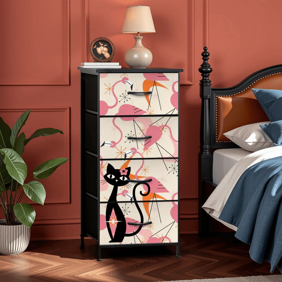 Mid Century Modern Flamingos, Atomic Cat Kitschy Mod 4-Drawer Dresser - Mid Century Modern Gal