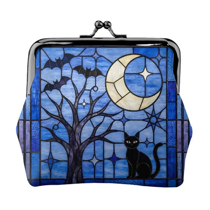 Halloween Stained Glass Style Night Sky Black Cat Coin Purse