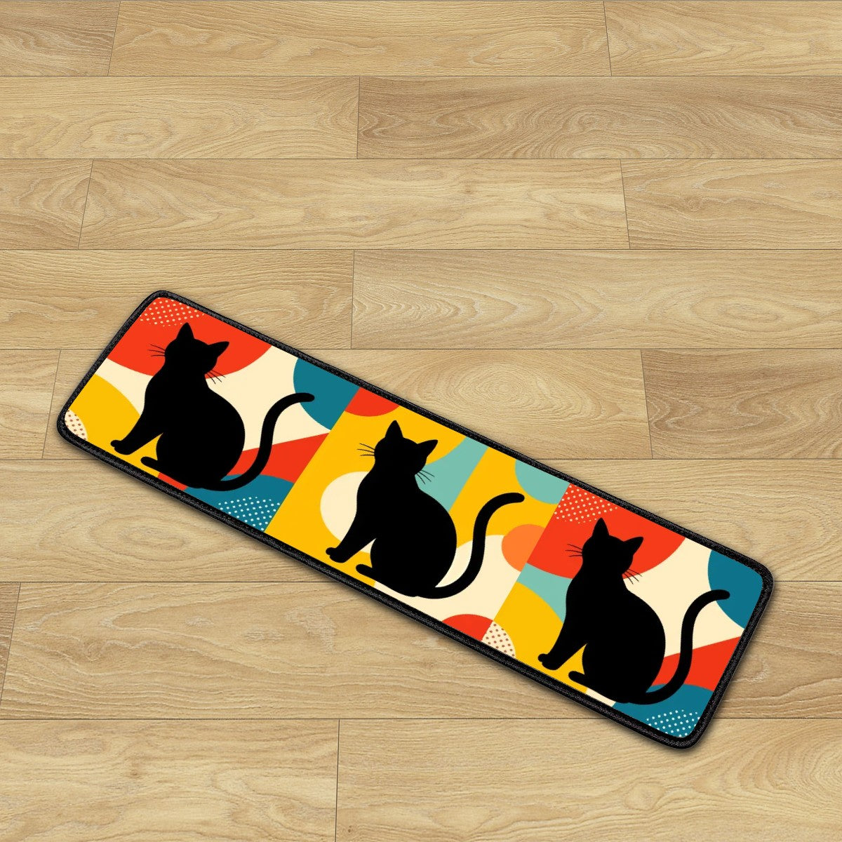 Pop Art Black Atomic Cats, Red Blue Yellow, Non Slip Carpet for Stairs Treads - Mid Century Modern Gal