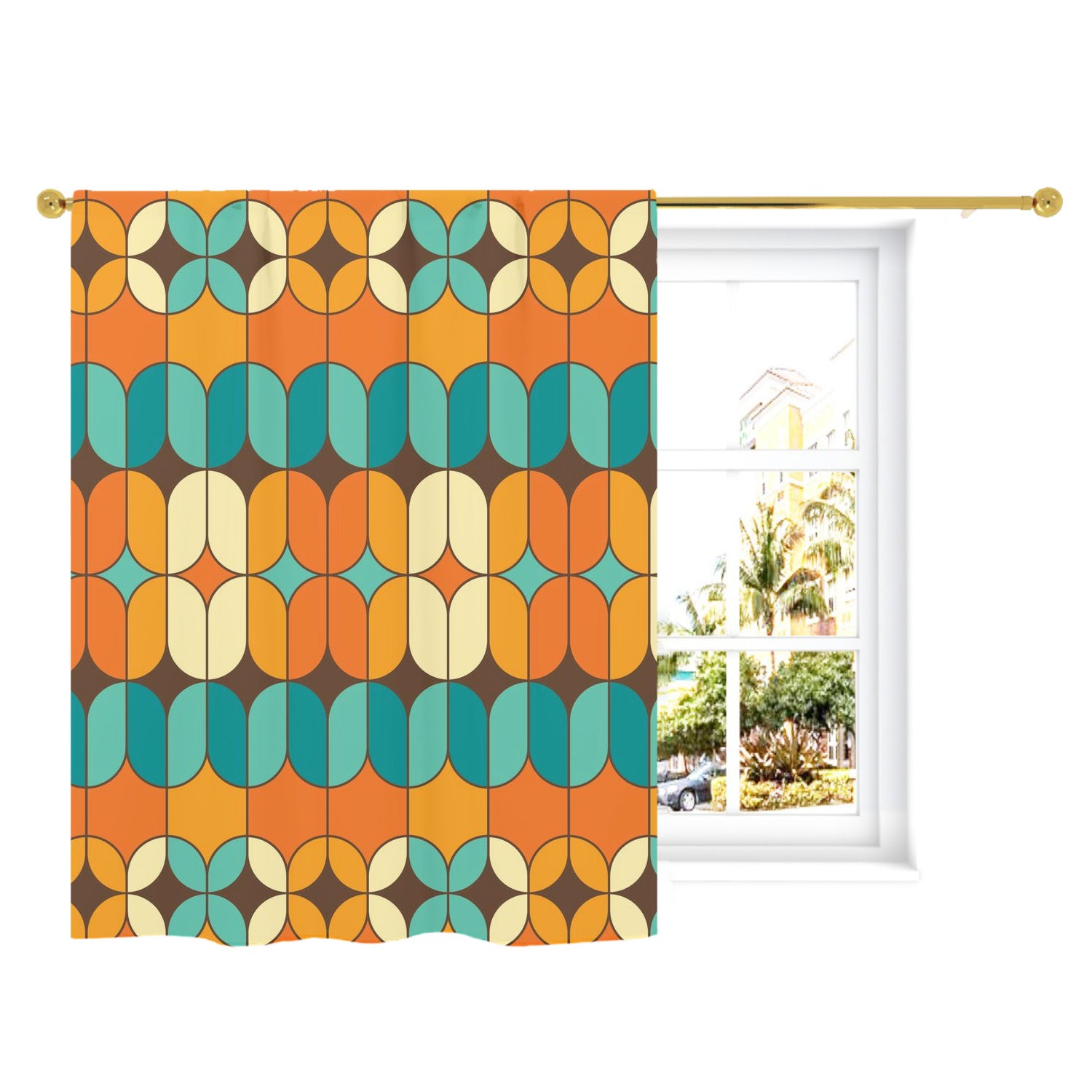 Mid Century Modern Curtain, Orange, Teal, Geometric Retro Design Single Panel - Mid Century Modern Gal