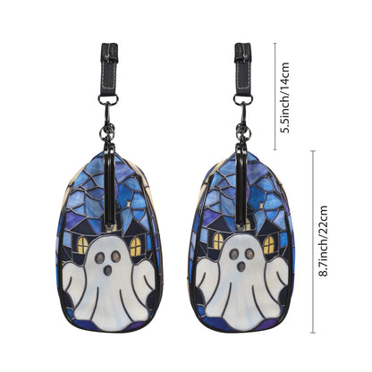Halloween Stained Glass Style Ghost Haunted House Kisslock Crossbody Purse