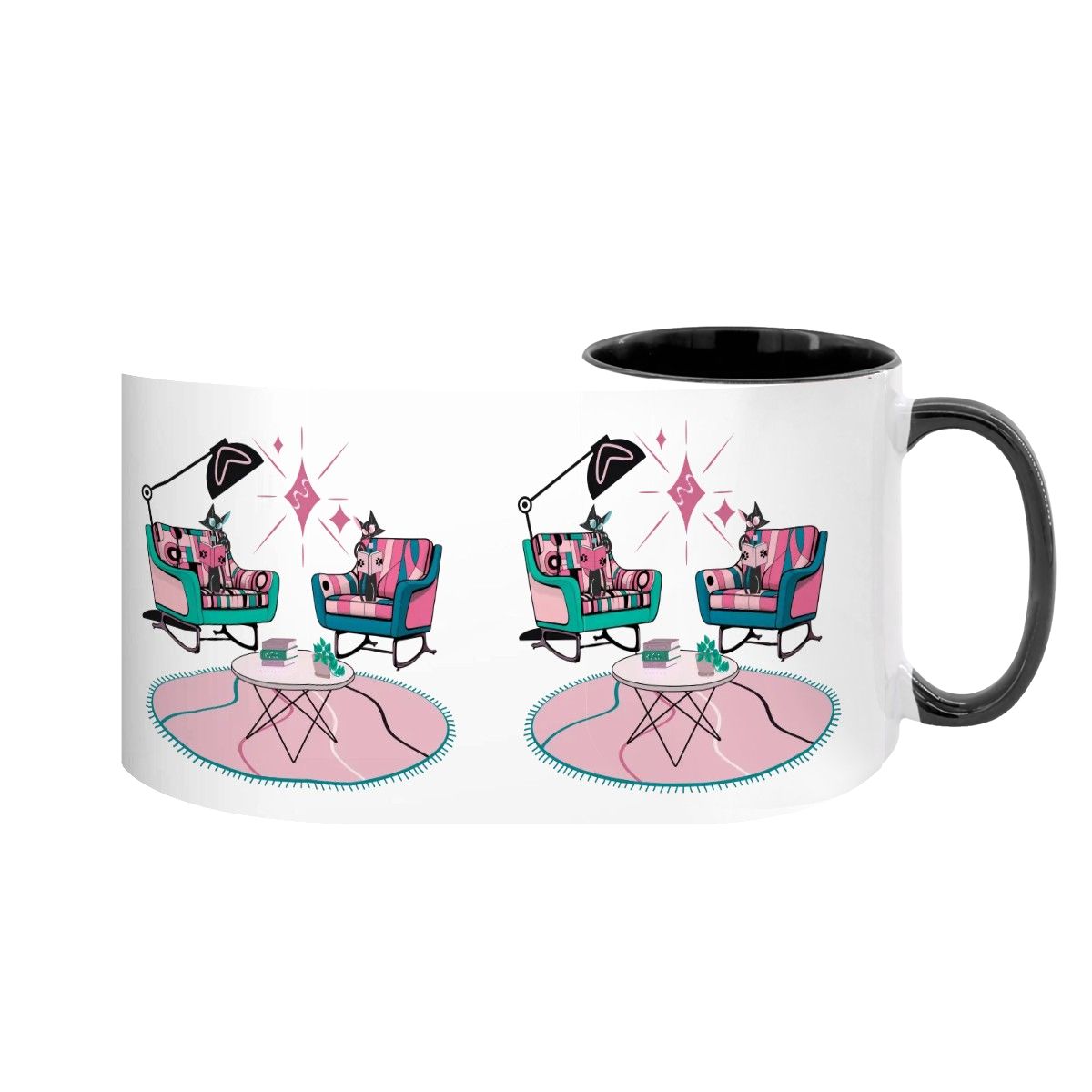Atomic Reading Cats, Kitschy Mid Century Modern Large Colorful Mug (15oz) - Mid Century Modern Gal