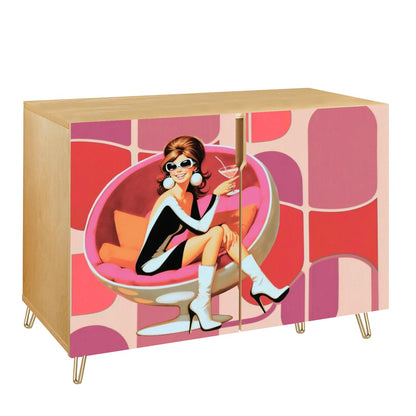 Mid Century Modern Bar Cabinet, Kitschy Mod 60s Gal Pink Geometric MCM Credenza Sideboard - Mid Century Modern Gal