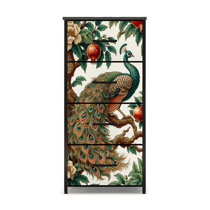 Chinoiserie Floral Peacock, Pomegranate Elegant 4-Drawer Dresser - Mid Century Modern Gal