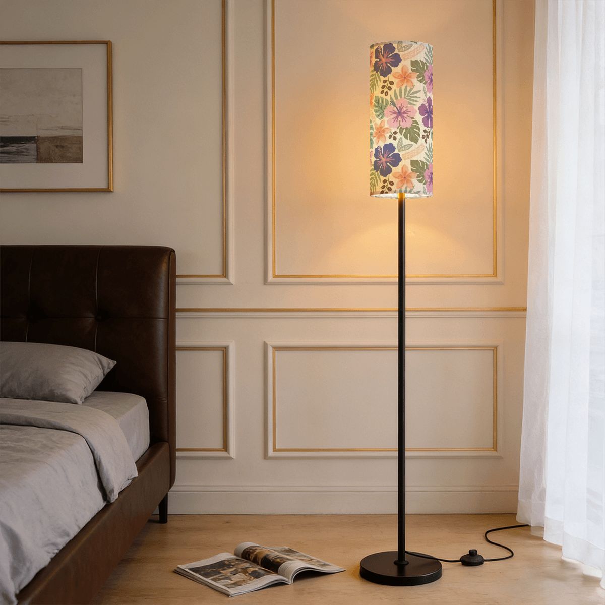 Retro Tropical Tiki Summer, Hawaiian Hibiscus Purple Slim Floor Lamp - Mid Century Modern Gal