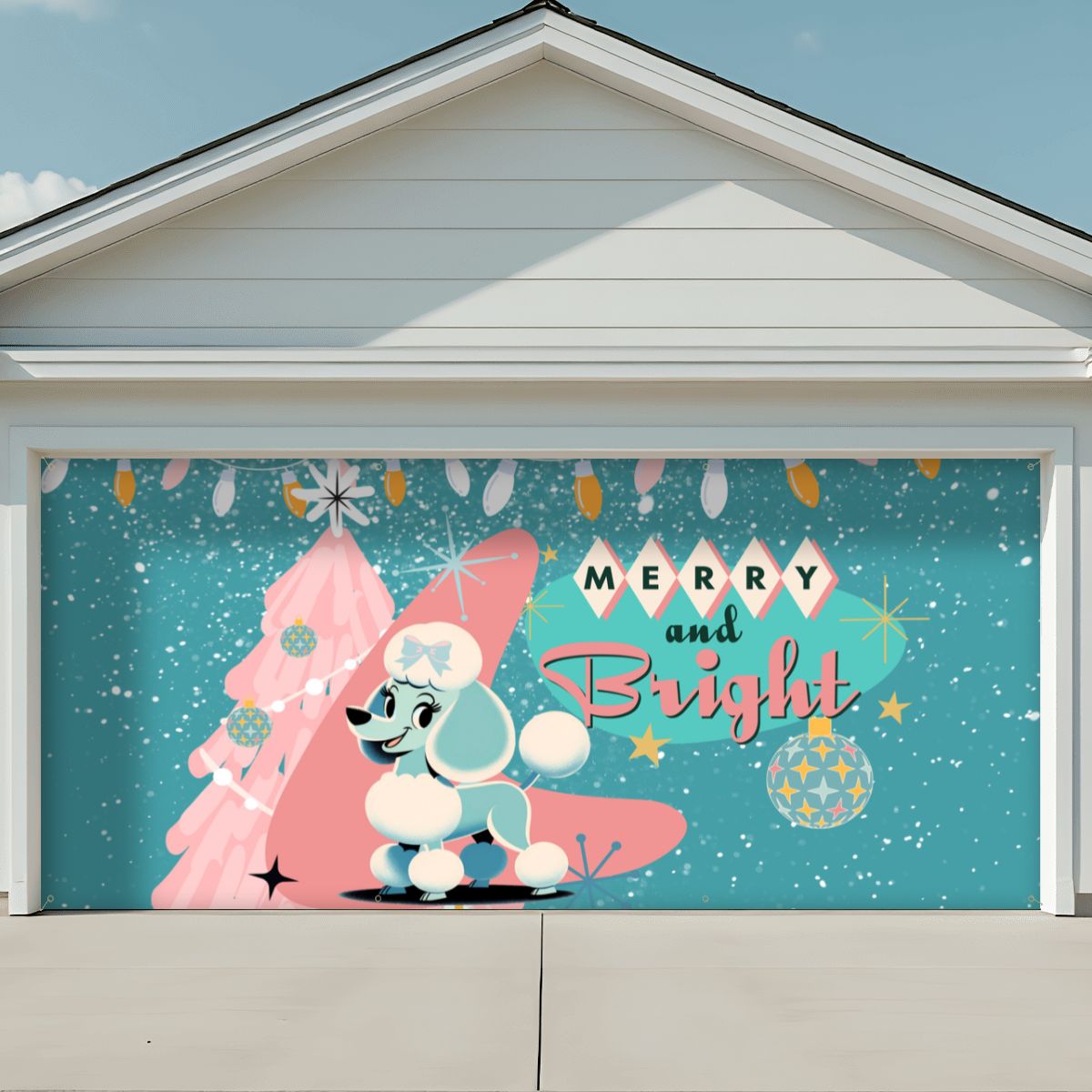 50s Christmas Holiday Kitsch, Aqua Blue, Pink 50s Mod Dog Poodle Merry and Bright Garage Door Banner Backdrop - Mid Century Modern Gal