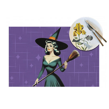 Mid Century Modern Vintage Pin Up Witch Purple Teal Halloween Placemat 1pc - Mid Century Modern Gal