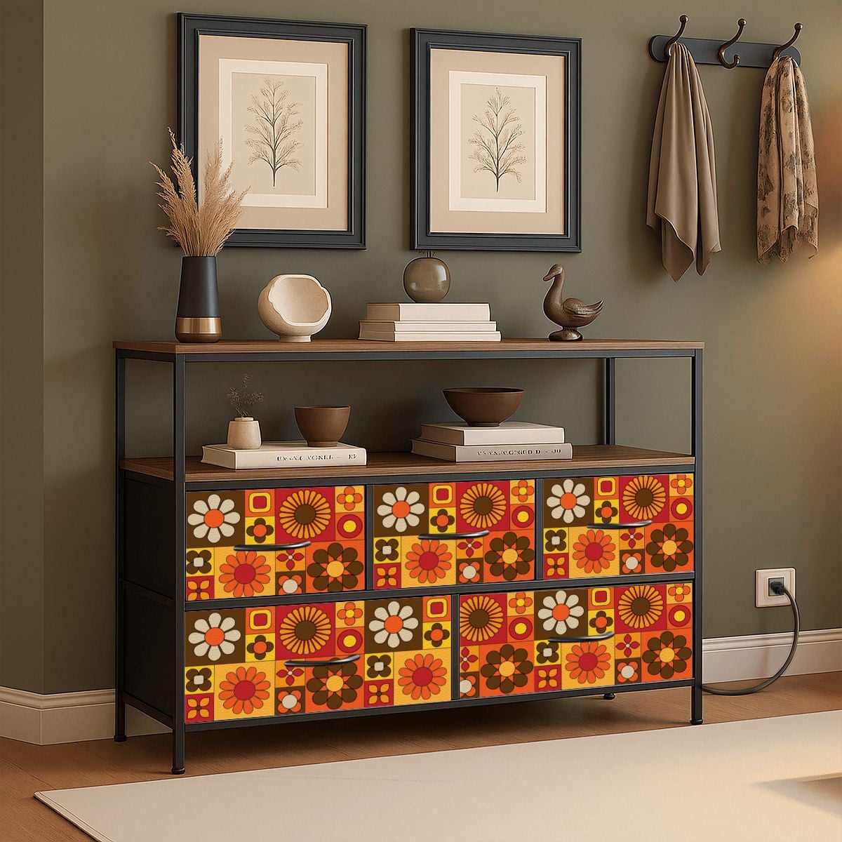 Retro 70s Mod Floral Orange Brown Yellow Mid Mod Hip TV Stand Media Console - Mid Century Modern Gal