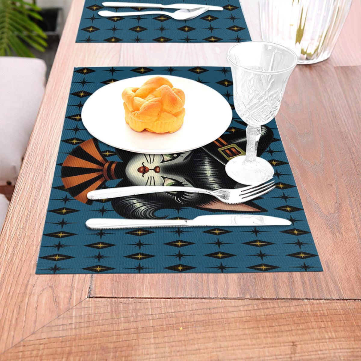 Vintage Halloween Black Cat Sexy Sexton Mid Century Modern Blue Placemat 1pc - Mid Century Modern Gal