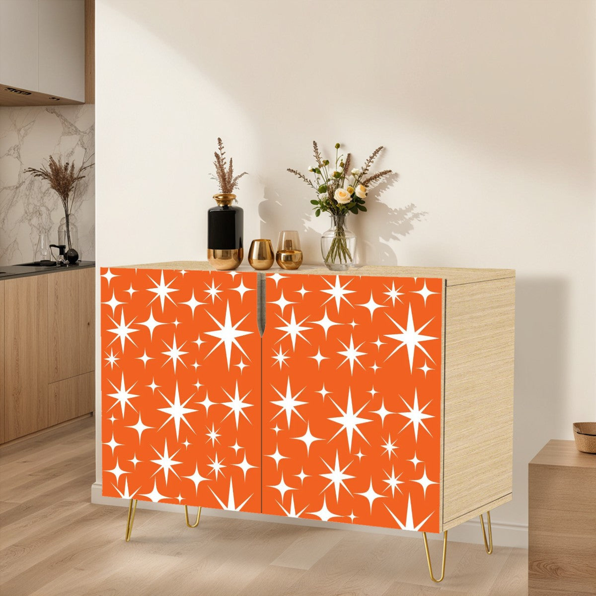 Sinatra Orange, Mid Century Modern Starburst Retro Mod Wooden Storage Cabinet - Mid Century Modern Gal