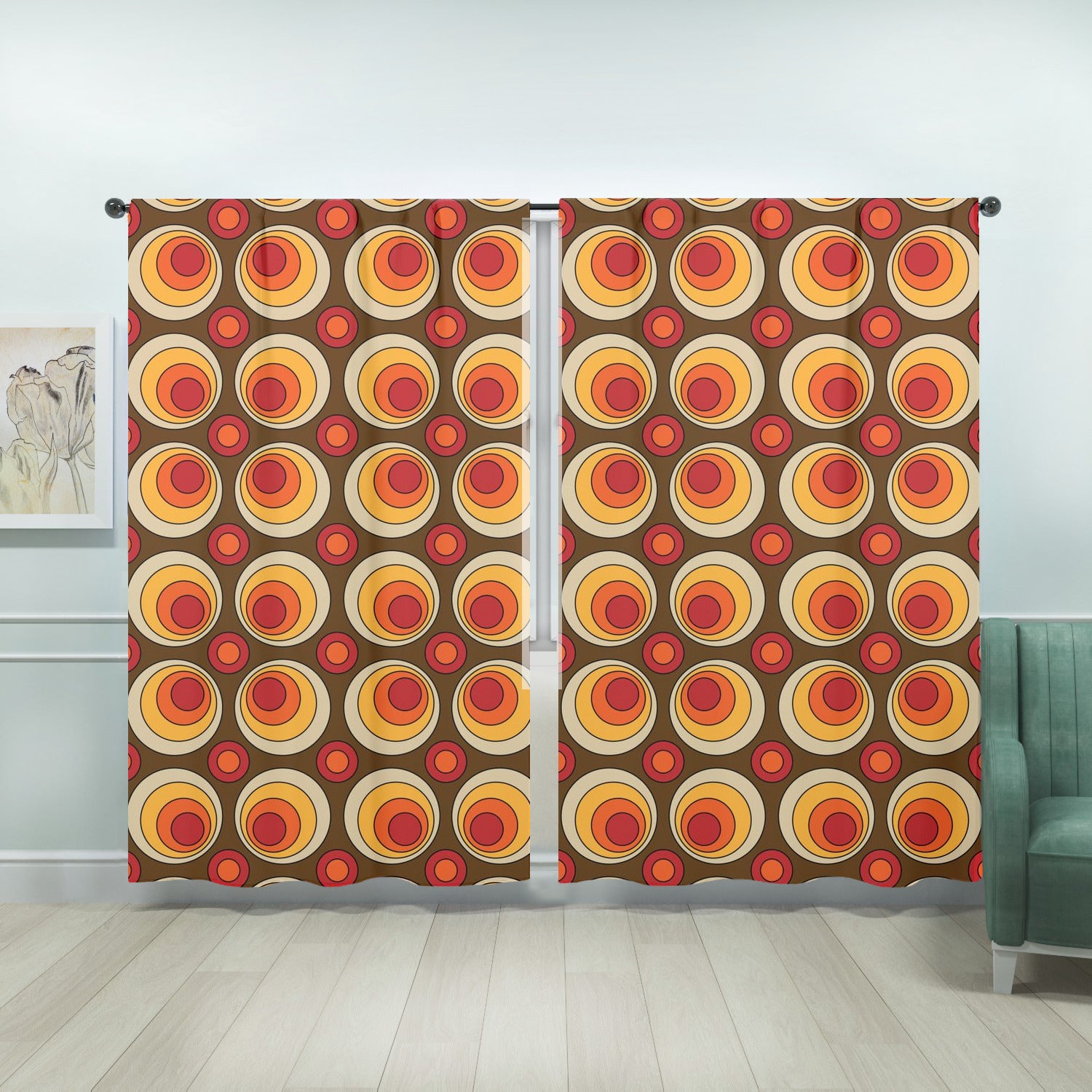 Mid Century Modern Groovy Orbs, Brown Yellow, Orange, Retro Window Curtains (two panels) - Mid Century Modern Gal