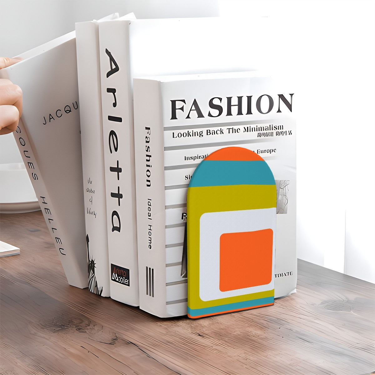 Mid Century Modern Office Decor, Groovy Mod Orange Green Blue Small Wooden Bookends 2 pcs - Mid Century Modern Gal