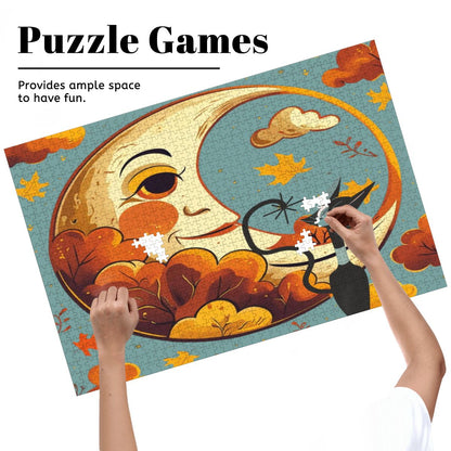 Atomic Celestial Moon, Kitschy Atomic Cat Harvest Halloween Wooden Jigsaw Puzzle - Mid Century Modern Gal