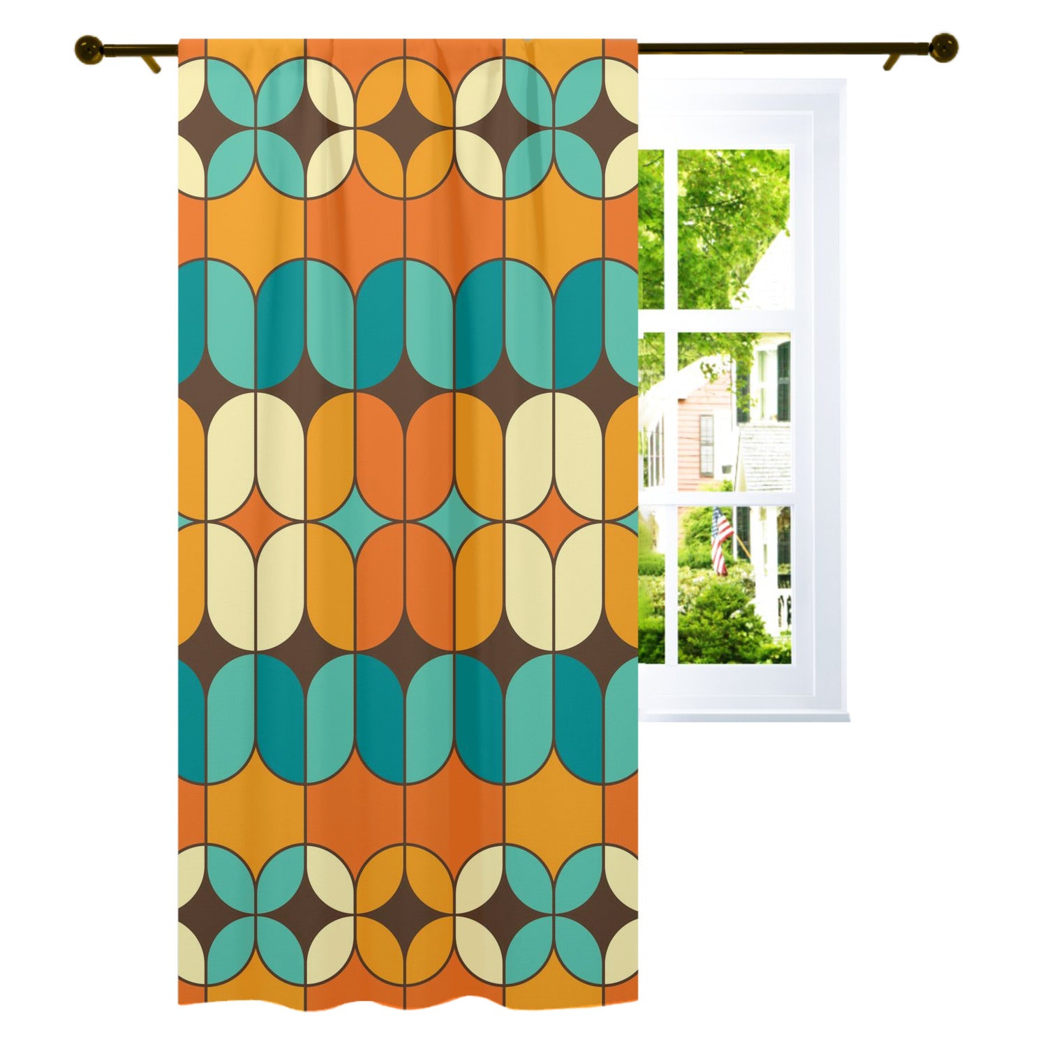 Mid Century Modern Curtain, Orange, Teal, Geometric Retro Design Single Panel - Mid Century Modern Gal