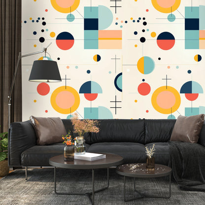 Mid Century Modern Bauhaus Designed, Geometric Yellow, Orange, Aqua MCM Peel And Stick Wall Murals