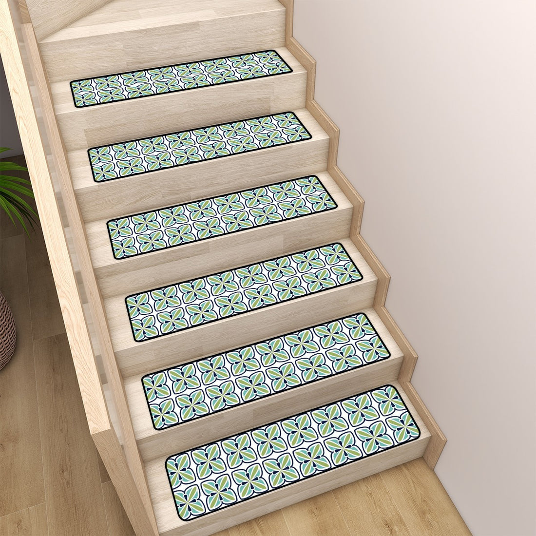 Scandinavian Blue Green White, Mid Mod Carpet Stair Treads