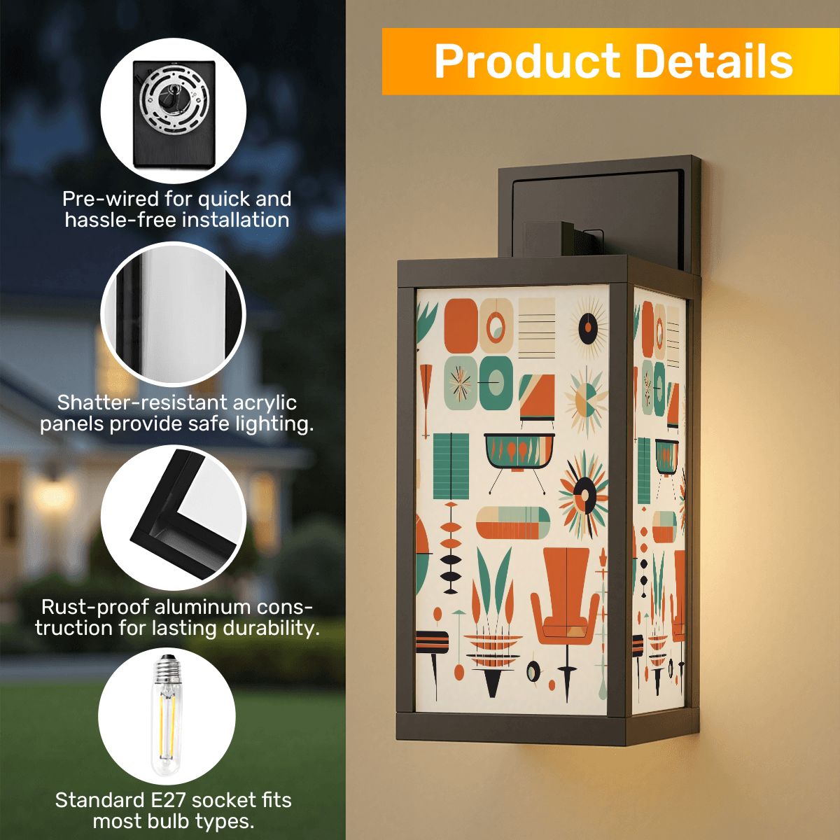 Mid Century Modern Patio Wall Light, Wall Sconce For Entry Way, Bathroom Hallway Mod Lighting - Mid Century Modern Gal