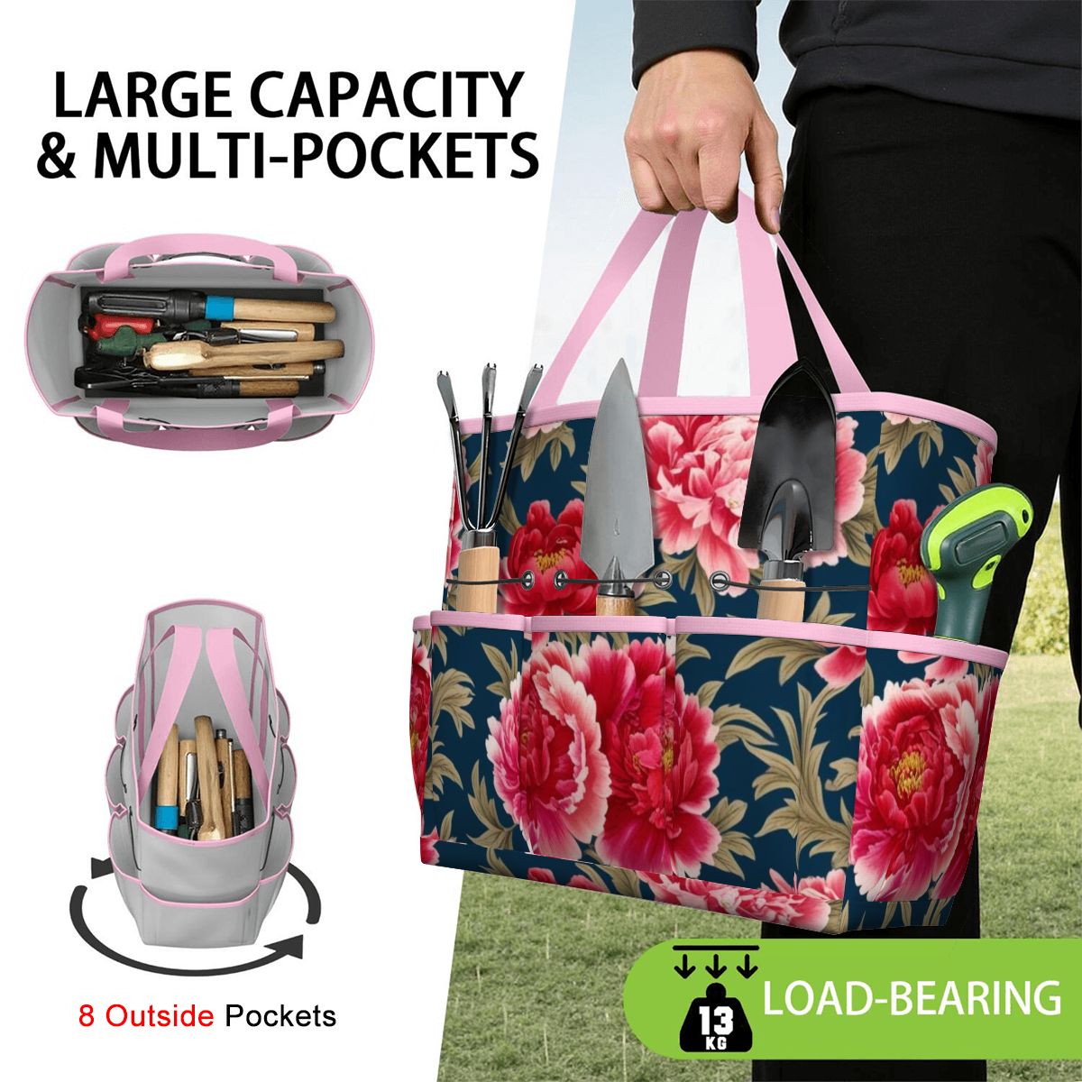 Modern Chinoiserie Royal Blue, Pink Red Floral Garden Tool Bag