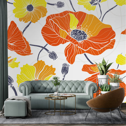 Vintage Poppy Orange Yellow Retro Florals, Mid Century Modern Wall Murals - Mid Century Modern Gal