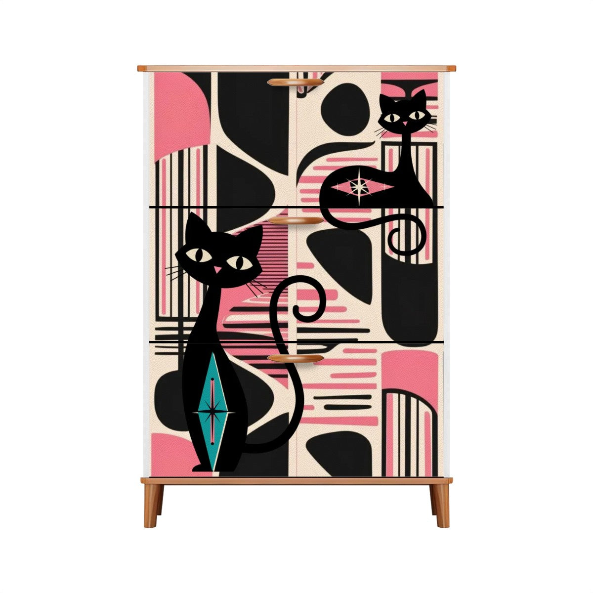 Mid Century Modern Shoe Cabinet, Black, Pink Atomic Cats Mid Mod Storage Organization - Mid Century Modern Gal