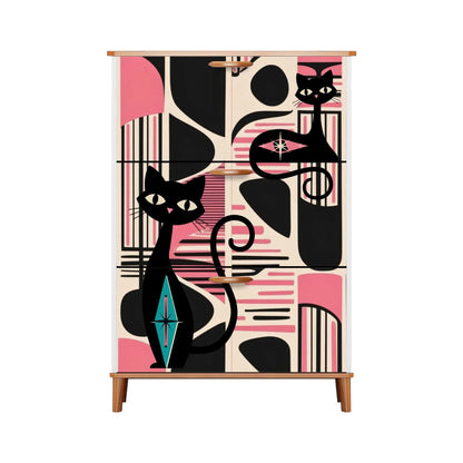 Mid Century Modern Shoe Cabinet, Black, Pink Atomic Cats Mid Mod Storage Organization - Mid Century Modern Gal