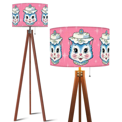 Mid Century Modern Kitschy Anthropomorphic Blue Cat with Floral Hat Tripod Floor Lamp
