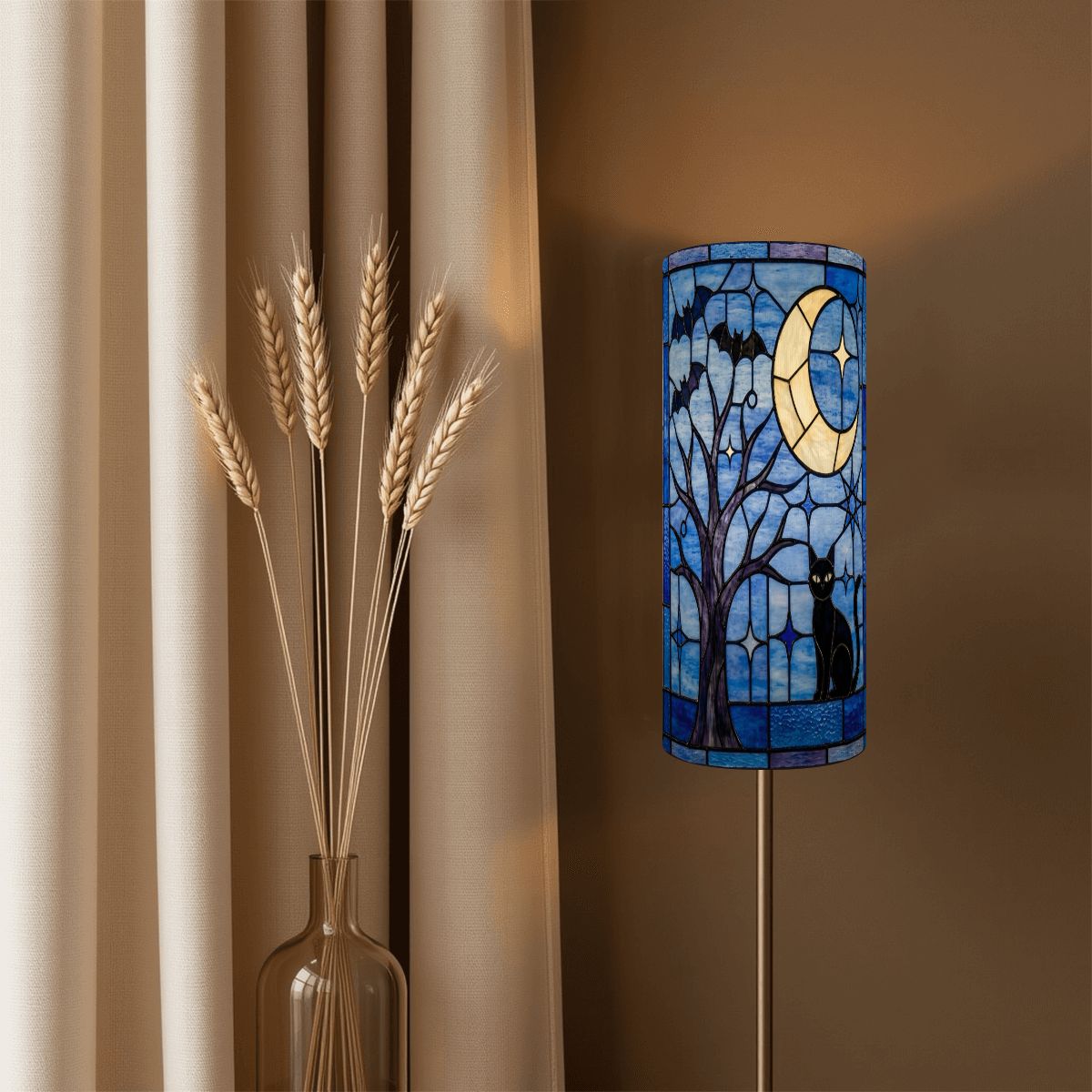 Halloween Stained Glass Style Night Sky Black Cat Slim Floor Lamp SHADE ONLY - For Slim Floor Lamps Only