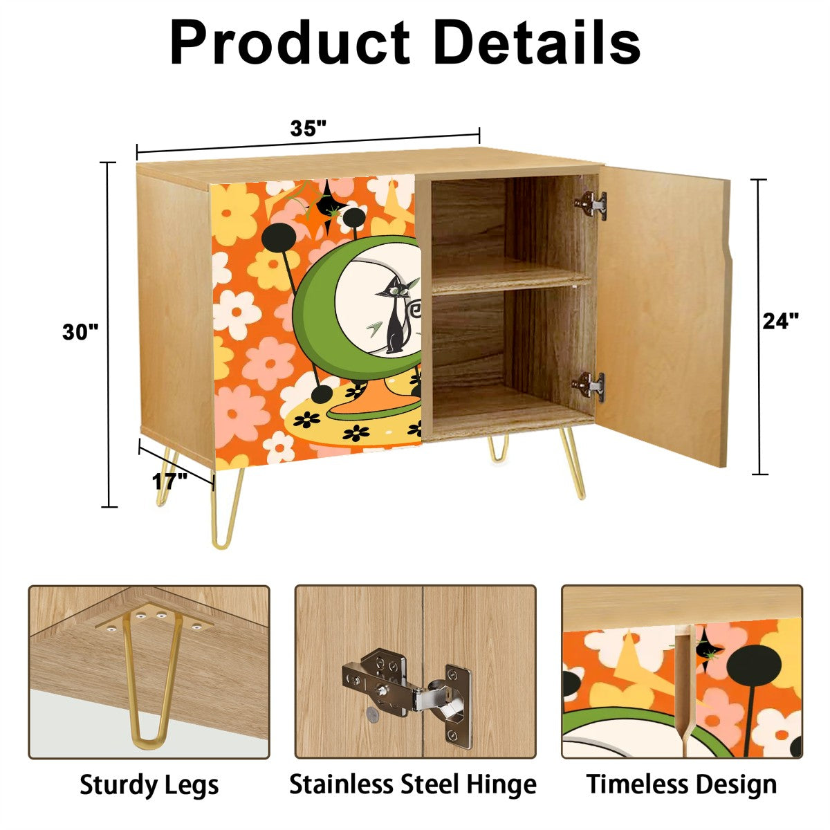 Atomic Groovy Cat, Orange White Mod Floral Kitschy Quirky Mid Century Modern Storage Organization Cabinet - Mid Century Modern Gal