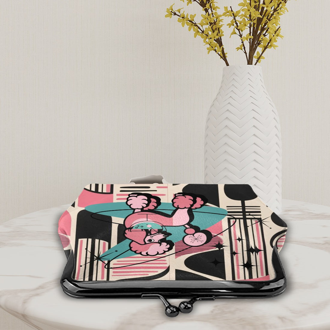 50s Poodle Kitschy Mod Black, Pink Atomic Boomerang Coin Purse - Mid Century Modern Gal
