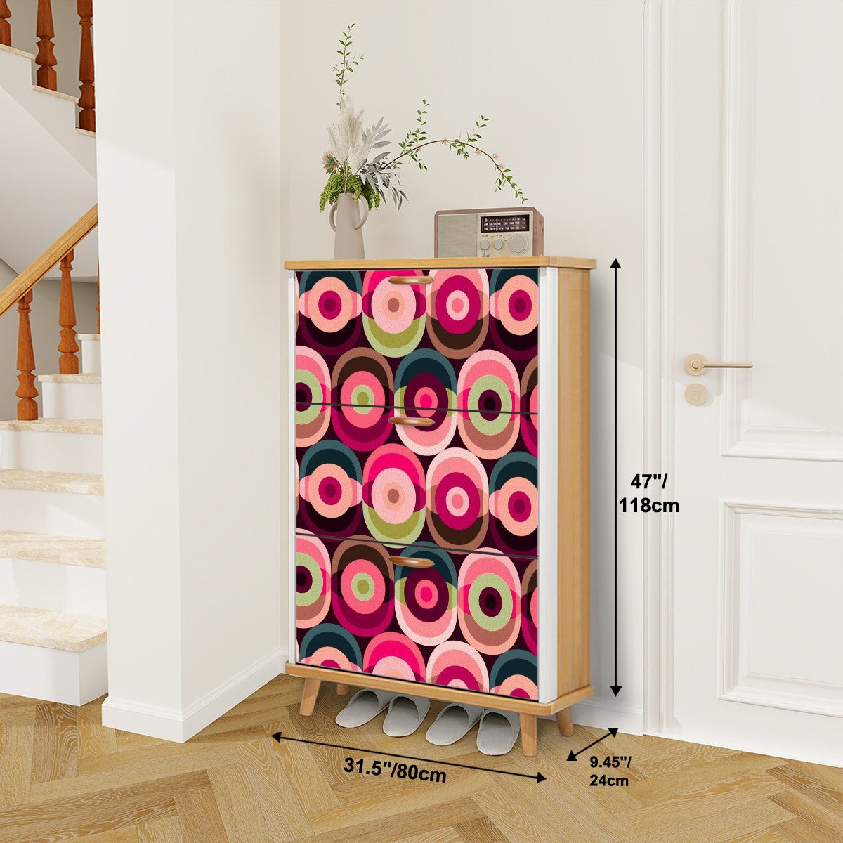 Mid Century Modern Groovy Mod Orbs, Pink, Green Blue Retro Shoe Storage Cabinet - Mid Century Modern Gal