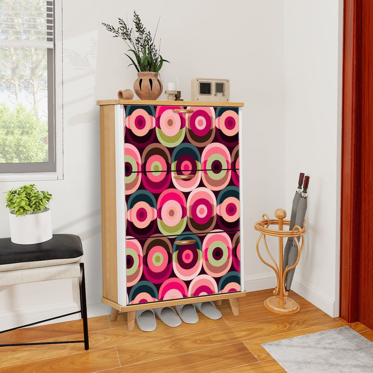 Mid Century Modern Groovy Mod Orbs, Pink, Green Blue Retro Shoe Storage Cabinet - Mid Century Modern Gal