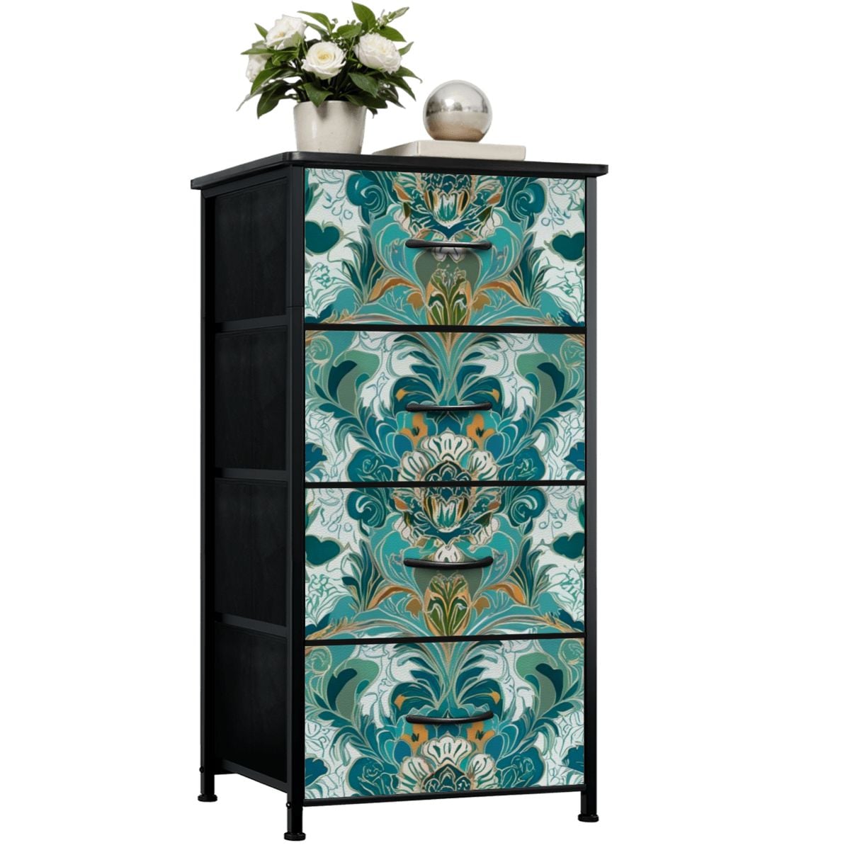 Chinoiserie Floral Teal Green Gold, Elegant 4-Drawer Dresser - Mid Century Modern Gal