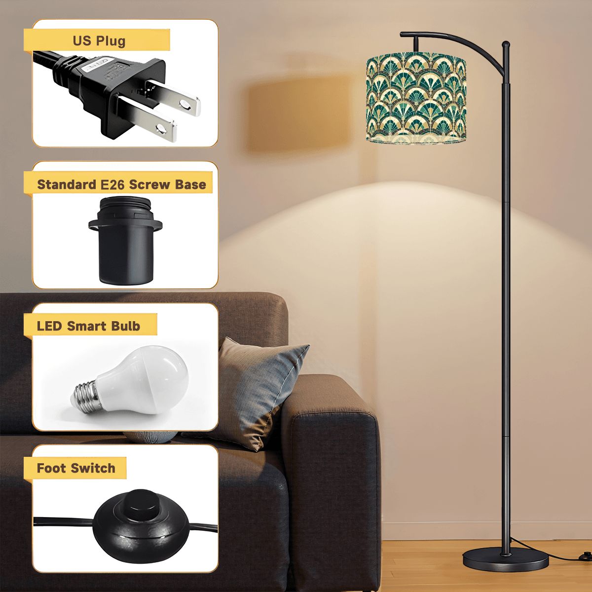 Art Deco Peacock Inspired Arc Floor Lamp - Mid Century Modern Gal