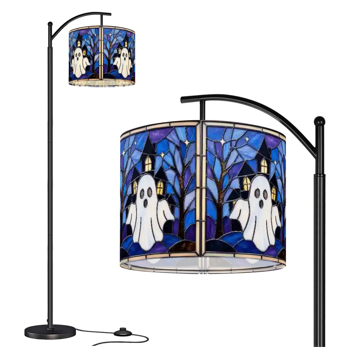 Halloween Stained Glass Style Ghost Haunted House Arc Floor Lamp
