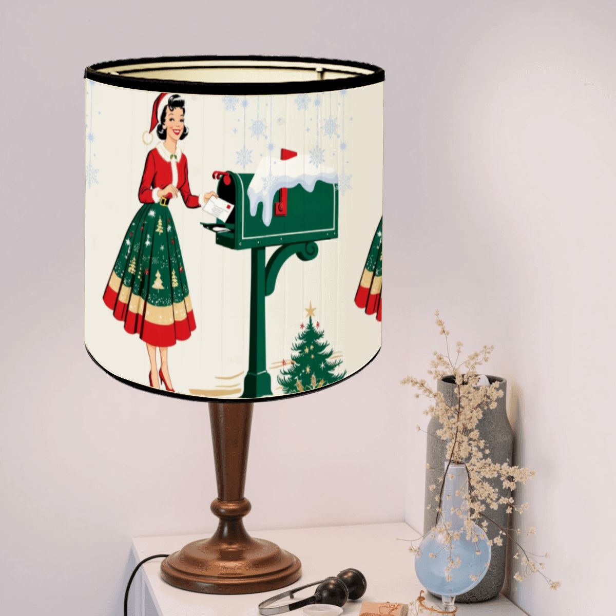 Mid Century Christmas Holiday Shade,Bamboo Drum Lampshade, Mod 50s Gal Holiday Accent Shade - Mid Century Modern Gal