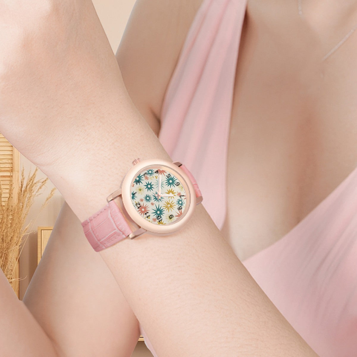 Atomic Starbursts Mid Mod Pink Women's Leather Watch - Mid Century Modern Gal
