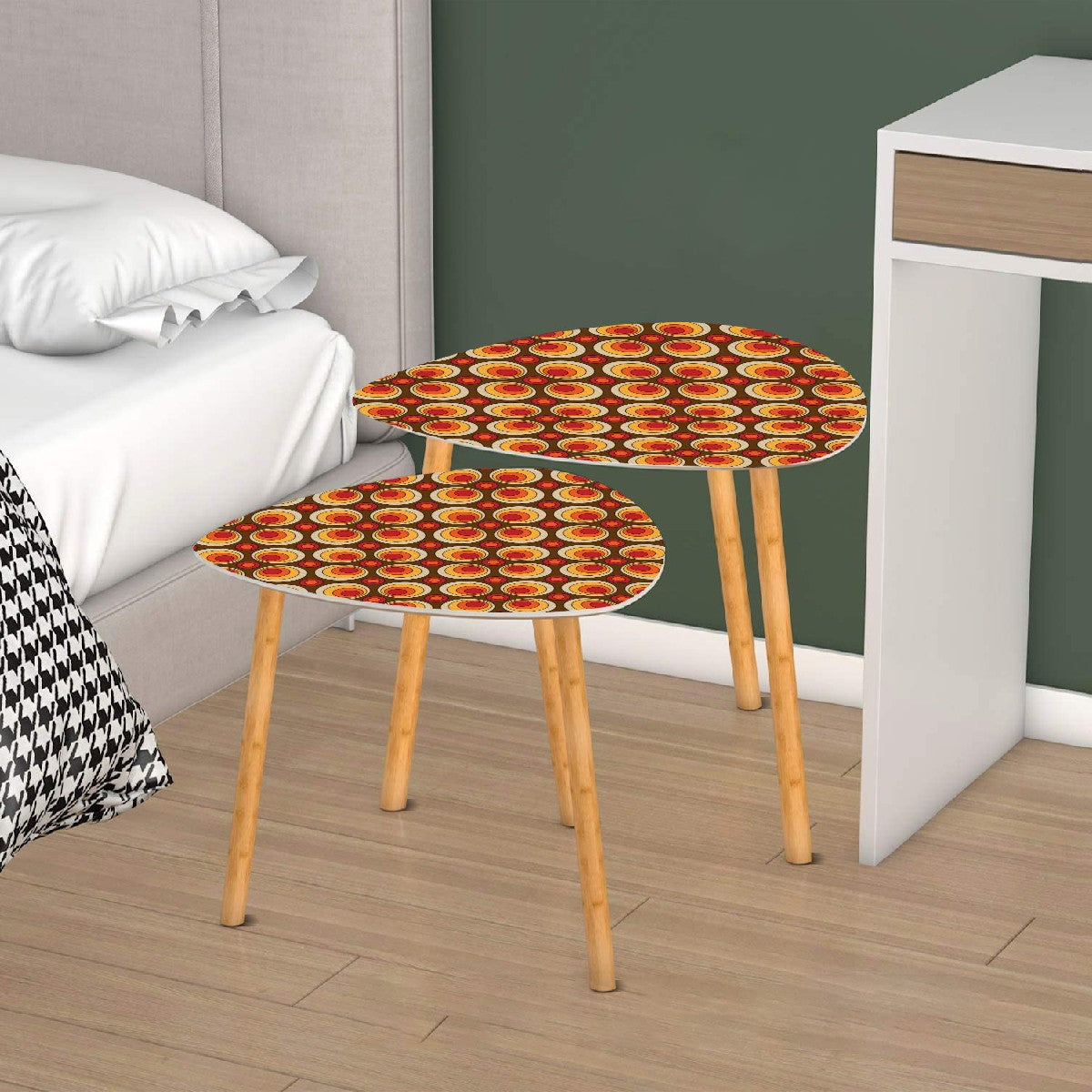 Retro Groovy Space Orbs, Mid Mod Orange Brown Yellow Hip Nesting Tables For MCM Living Room, Bedroom - Mid Century Modern Gal