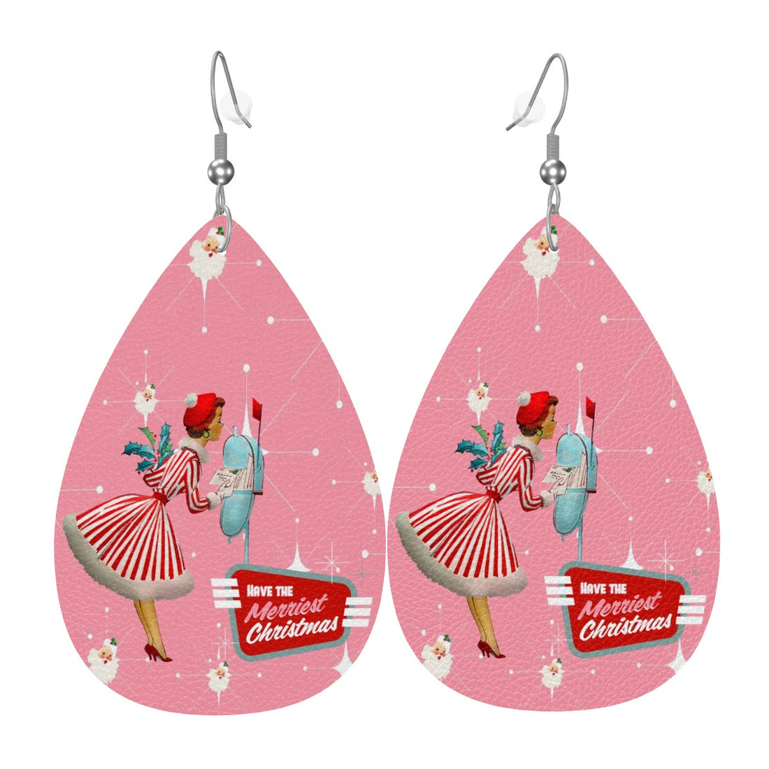 Mid Century Modern Christmas Old Timey Santa Pink Mod 50s Gal Faux Leather Teardrop Earrings - Mid Century Modern Gal