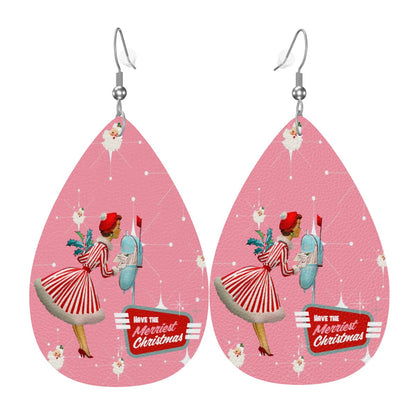 Mid Century Modern Christmas Old Timey Santa Pink Mod 50s Gal Faux Leather Teardrop Earrings - Mid Century Modern Gal