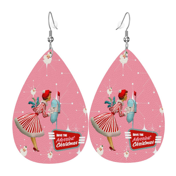 Mid Century Modern Christmas Old Timey Santa Pink Mod 50s Gal Faux Leather Teardrop Earrings
