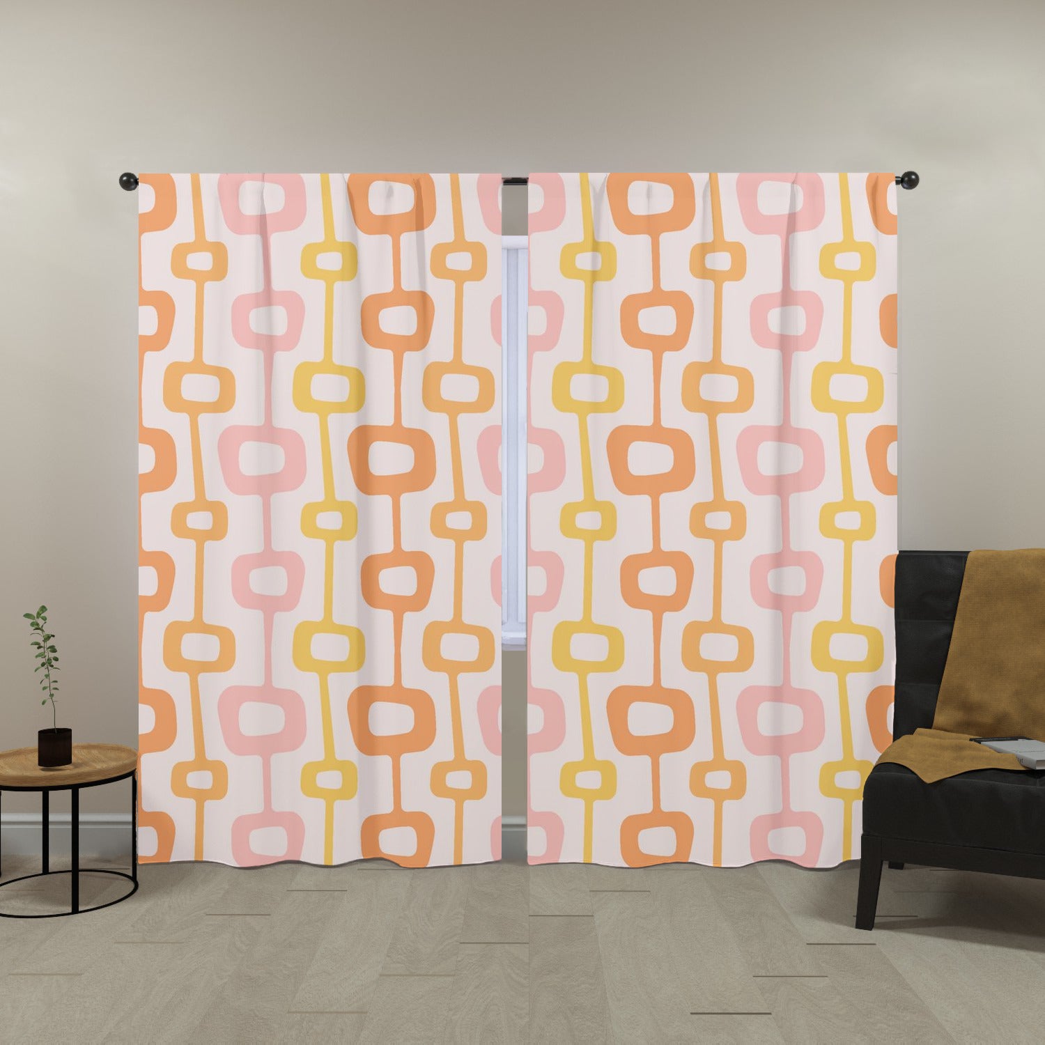 Mid Centuiry Modern Retro Groovy Geometric, Pink, Orange, Yellow MCM Window Curtains (two panels)